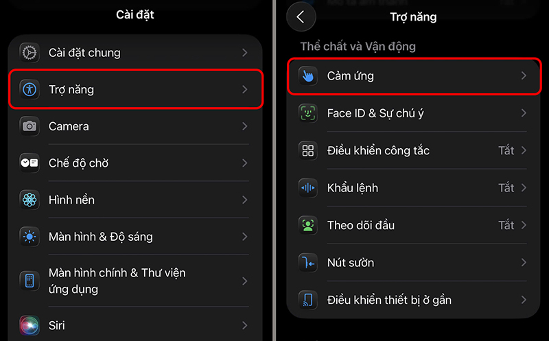 Vào thư mục “Cài đặt” > Chọn “Trợ năng” > Chọn “Cảm ứng”