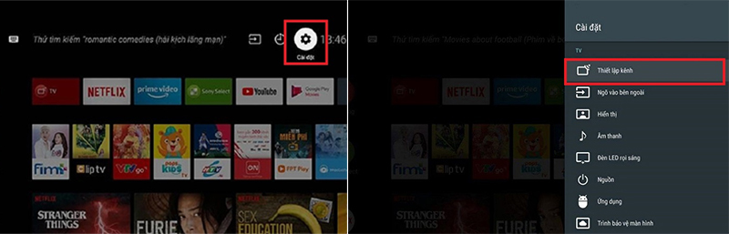 Chọn vào cài đặt rồi chọn thiết lập kênh