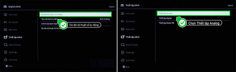 Chọn dò đài kỹ thuật số tự động rồi chọn thiết lập Analog