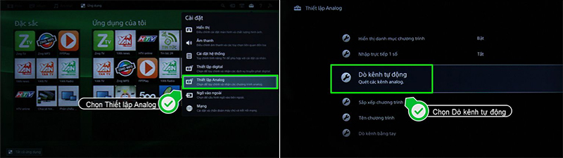 Tại mục thiết lập Analog, bạn chọn vào mục dò kênh tự động