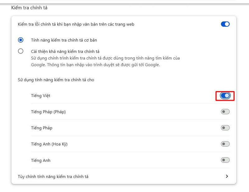 Bật công tắc ở mục tiếng Việt
