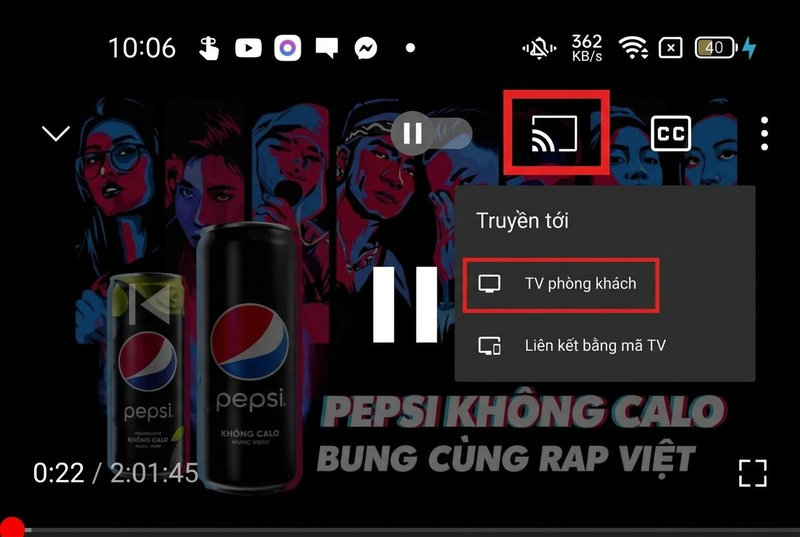 Biểu tượng phát video YouTube từ điện thoại lên tivi