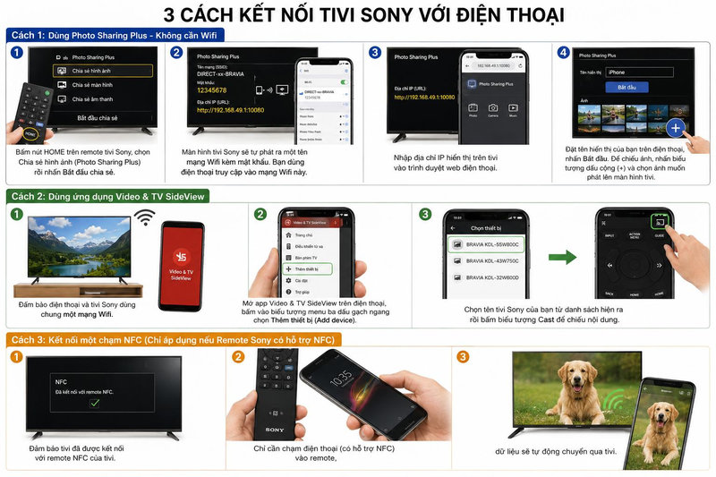 Có 3 cách để kết nối tivi Sony với điện thoại