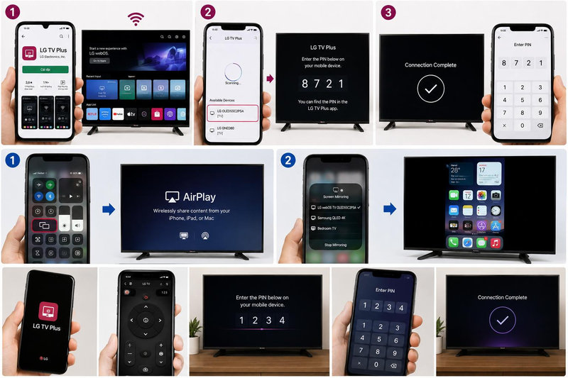 Có 2 cách để kết nối tivi LG với điện thoại là sử dụng LG TV Plus hoặc Airplay 2