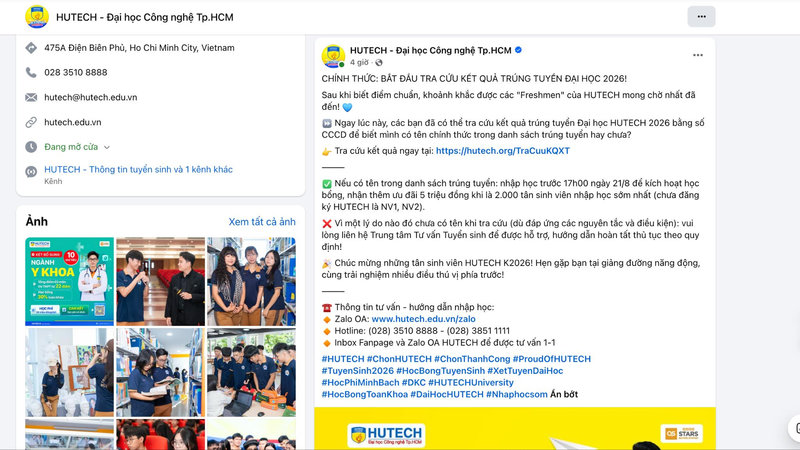 Fanpage chính thức của trường Đại học Công nghệ TP.HCM (HUTECH) đã update danh sách trúng tuyển