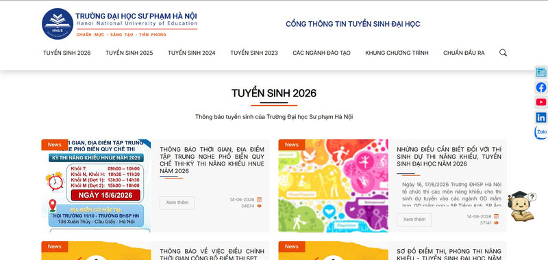Giao diện cổng thông tin tuyển sinh 2026 của Trường Đại học Sư phạm Hà Nội (HNUE)