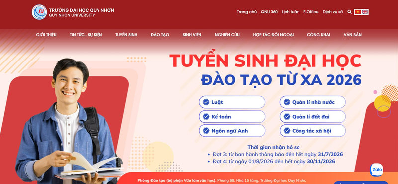 Giao diện cổng tuyển sinh cập nhật điểm chuẩn Trường Đại học Quy Nhơn (QNU)