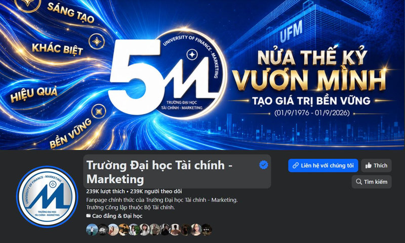Giao diện Fanpage Facebook có tích xanh của Trường Đại học Tài chính - Marketing (UFM)
