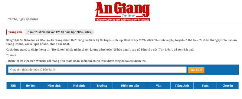 Giao diện tra cứu điểm thi tuyển sinh vào 10 minh hoạ trên báo An Giang Online