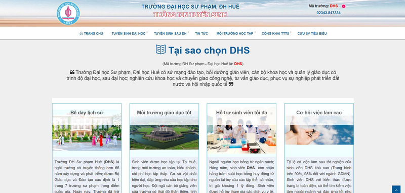 Giao diện trang tuyển sinh của Trường Đại học Sư phạm - Đại học Huế (DHS)