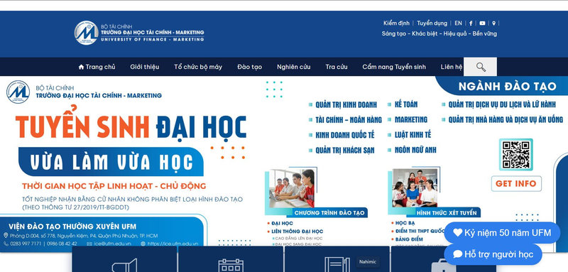 Giao diện trang web chính thức của Trường Đại học Tài chính - Marketing (UFM)