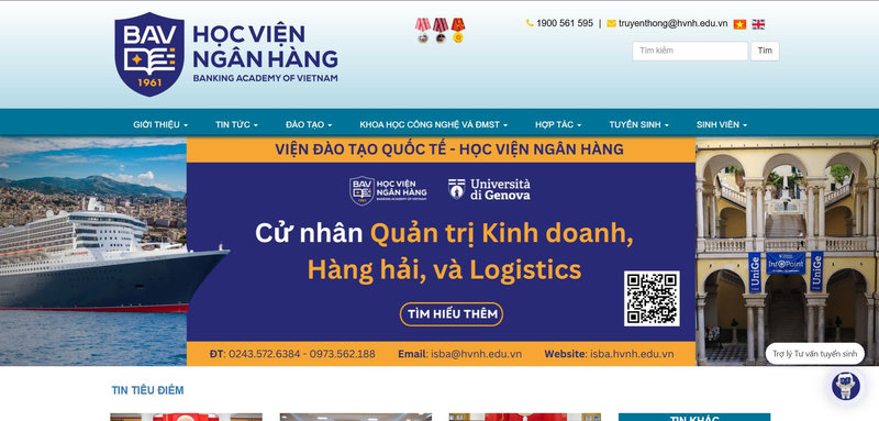 Giao diện website chính thức của Học viện Ngân hàng (BAV)