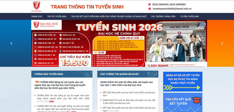 Giao diện website chính thức để tra cứu điểm chuẩn Đại học Huế (HU)