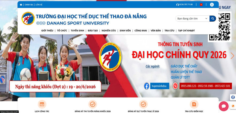 Giao diện website chính thức để tra cứu điểm chuẩn trường Đại học Thể dục Thể thao Đà Nẵng (DSU)