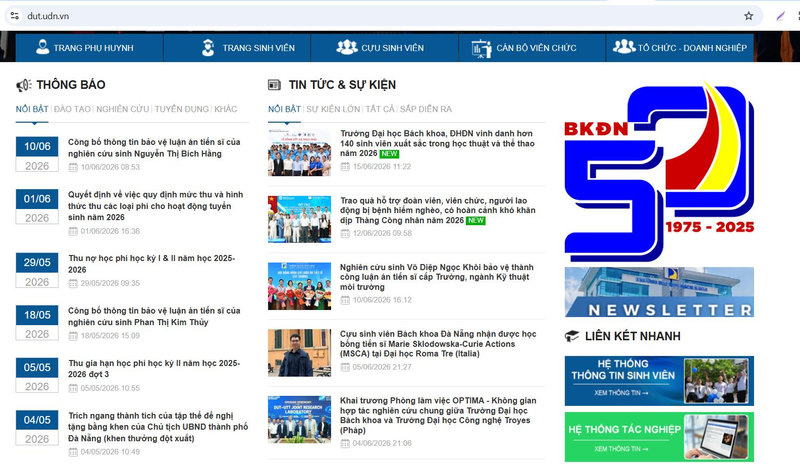 Giao diện website Trường Đại học Bách khoa - Đại học Đà Nẵng (DUT)