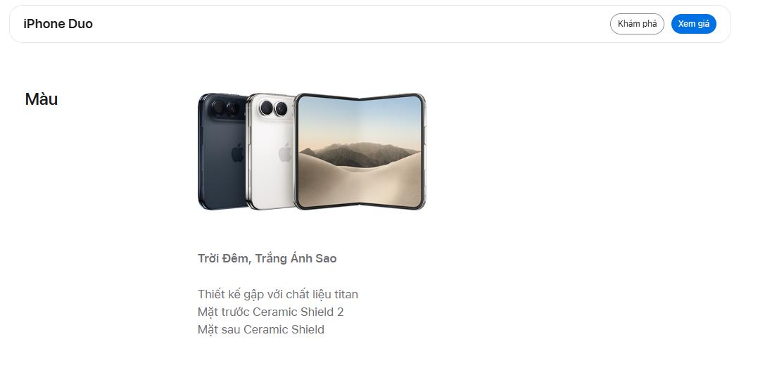 iPhone Duo có thiết kế gập với chất liệu titan, mặt trước Ceramic Shield 2 và mặt sau Ceramic Shield
