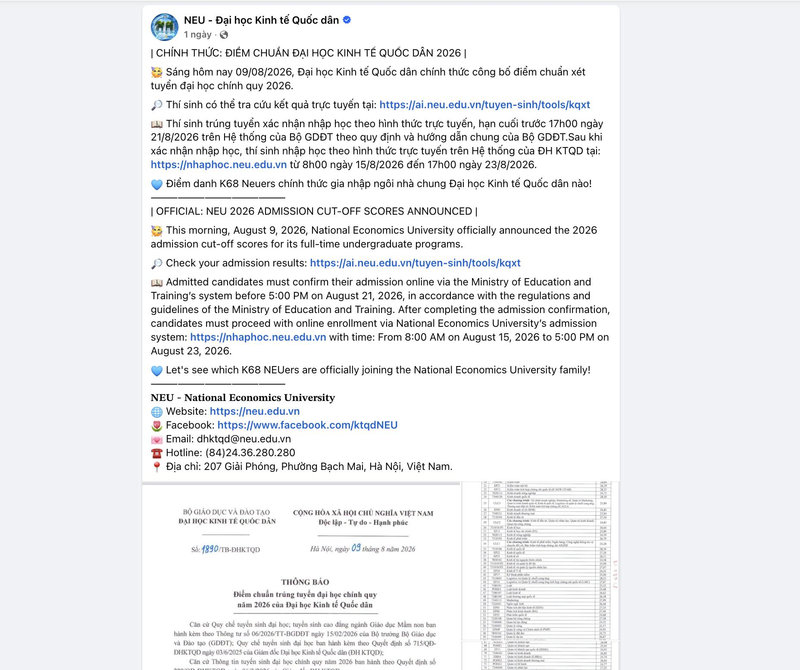 Khi trang fanpage của Đại Học Kinh Tế Quốc Dân đã cập nhật điểm chuẩn đầy đủ các ngành vào 9/8/2026