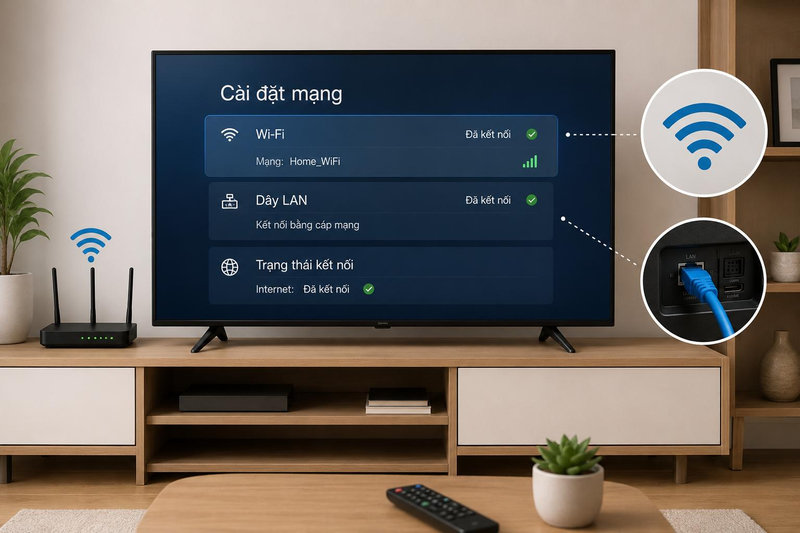 Kiểm tra kết nối Wi-Fi hoặc dây LAN trong phần cài đặt mạng của tivi