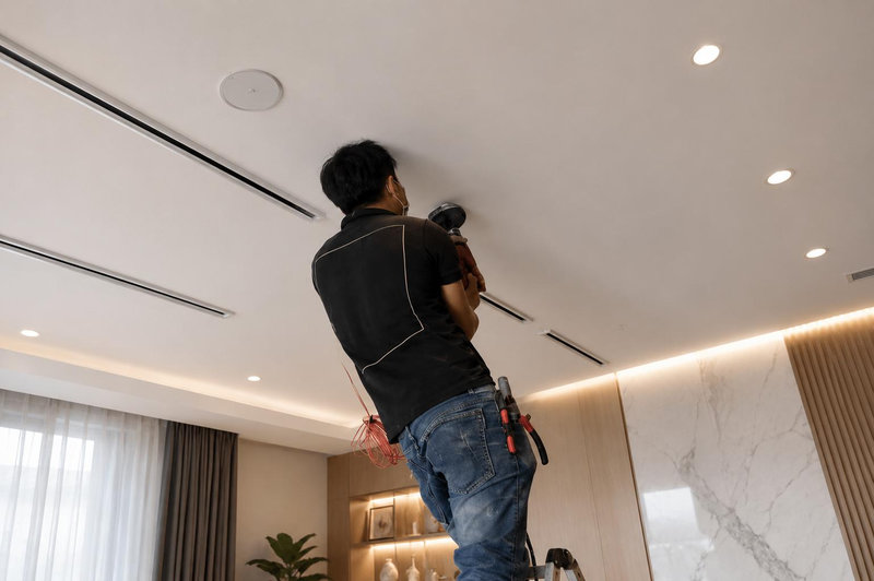 Kỹ thuật viên đang khoan lỗ trên trần bê tông để đóng nở đạn treo máy