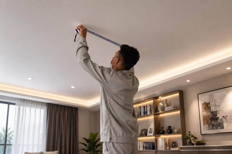 Kỹ thuật viên tiến hành đo đạc kích thước trên trần thạch cao trước khi khoét