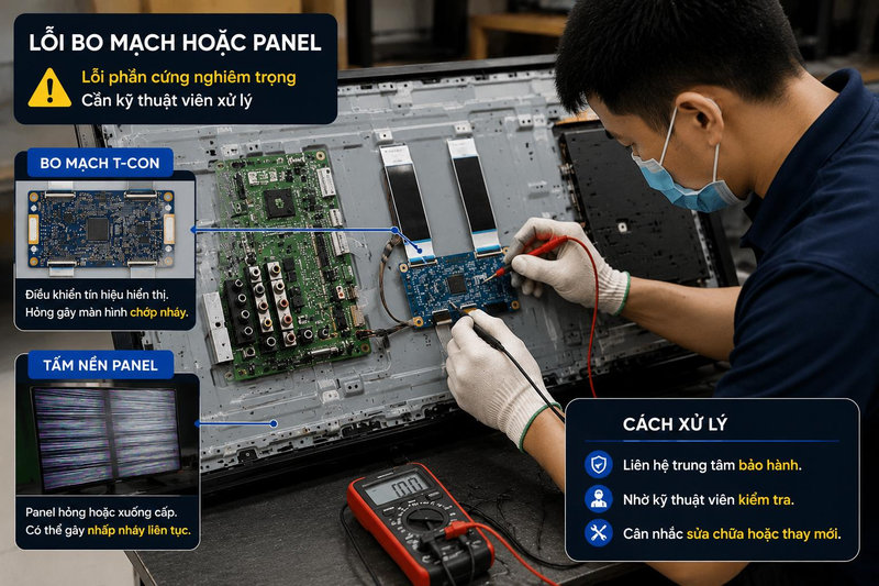 Lỗi bo mạch điều khiển hoặc tấm nền panel là nguyên nhân nghiêm trọng cần thợ chuyên nghiệp xử lý