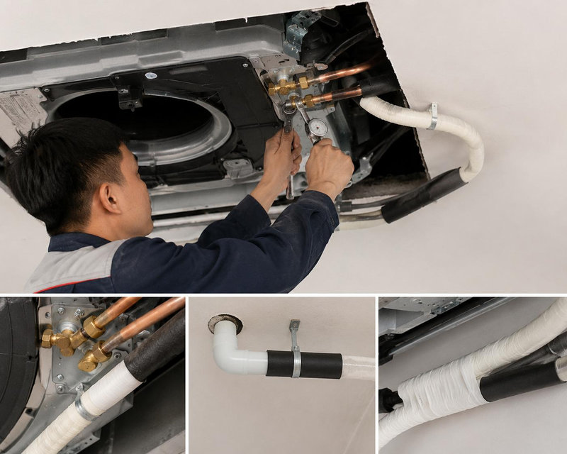 Mối nối ống đồng và ống nước được bọc bảo ôn kín khít bằng băng cuốn