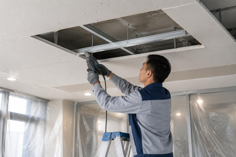 Thợ thi công dùng máy chuyên dụng cắt trần thạch cao theo đúng kích thước