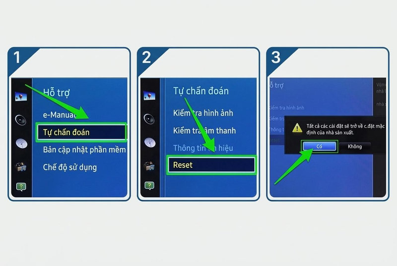 Chọn mục Tự chẩn đoán trên Smart tivi Samsung để bắt đầu khôi phục cài đặt gốc
