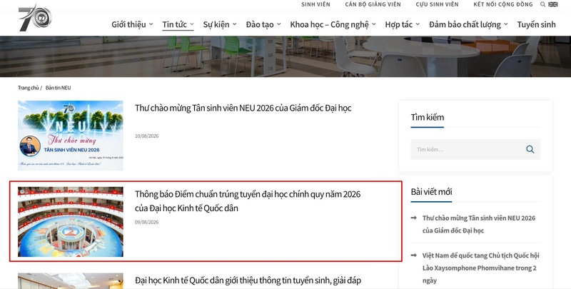Trên website chính thức của trường, bạn có thể nhìn thấy bài viết mới nhất về Điểm chuẩn đại học 2026