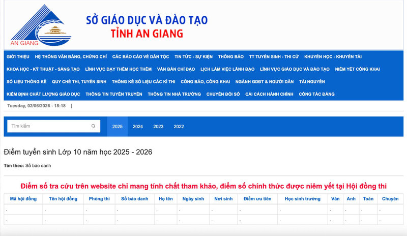 Truy cập vào hệ thống tra cứu của Sở Giáo dục và Đào tạo An Giang