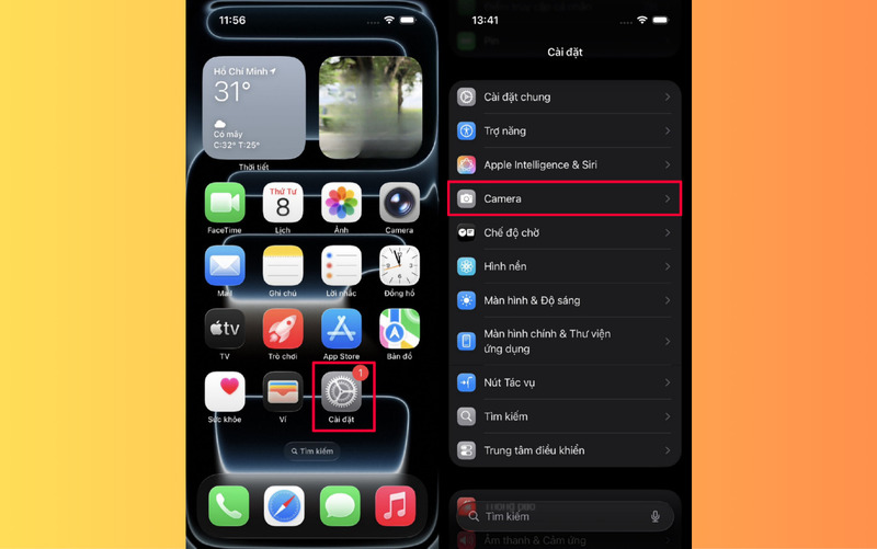 Chọn mục Camera trên iPhone 17 trong Cài đặt