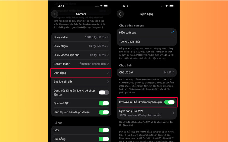 Bật định dạng ProRAW trong phần Định dạng của Camera
