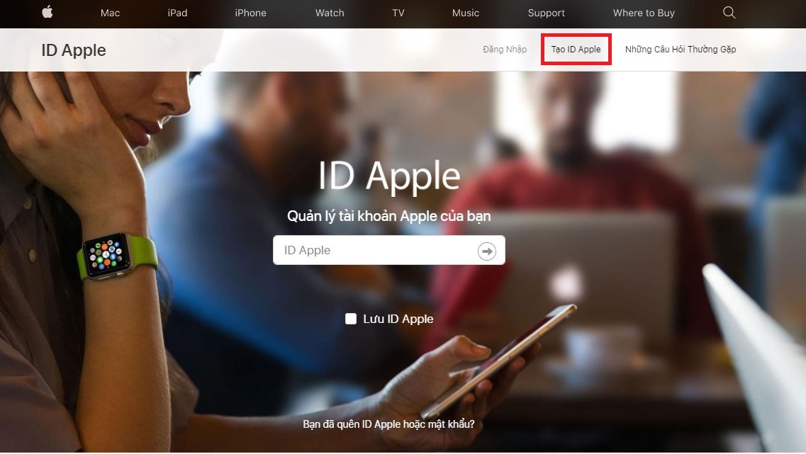 Chọn mục Tạo ID Apple trên website của Apple (Vietnam).