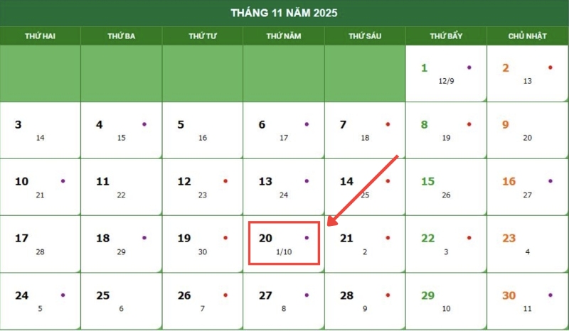Lịch tháng 11 năm 2025 đánh dấu ngày 20/11 rơi vào thứ Năm