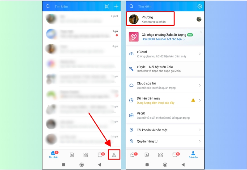 Truy cập trang cá nhân từ tab Cá nhân trong ứng dụng Zalo