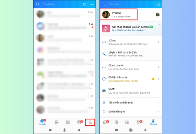Mở trang cá nhân trên Zalo