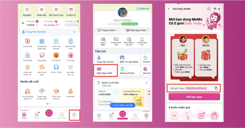 Các bước chia sẻ mã để nhận thưởng trên momo