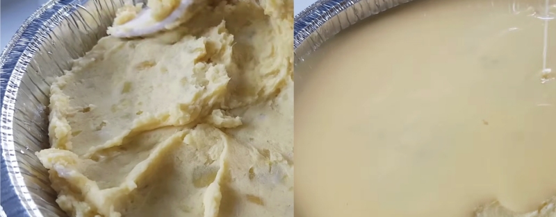 Hỗn hợp khoai lang nghiền và trứng sữa được trộn đều trong khuôn bánh