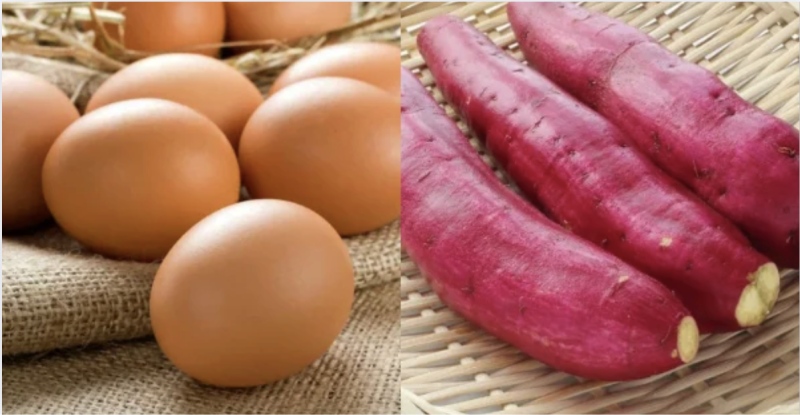 Nguyên liệu chính gồm trứng gà và khoai lang tươi