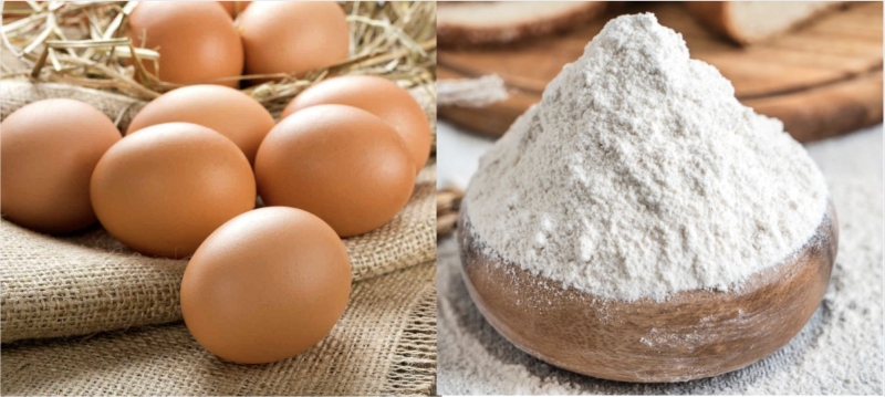 Nguyên liệu chính gồm trứng gà tươi và bột mì trắng mịn