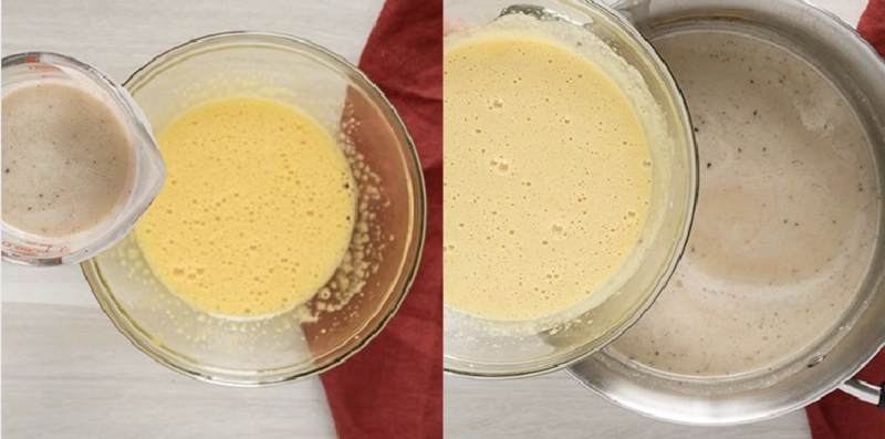 Pha hỗn hợp trứng sữa béo mịn chuẩn bị nấu Eggnog tráng miệng