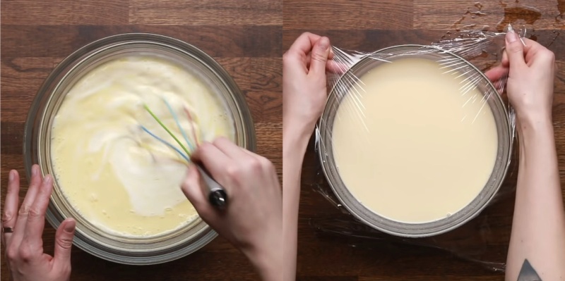 Khuấy hỗn hợp Eggnog sánh mịn và bọc kín bảo quản trong tô