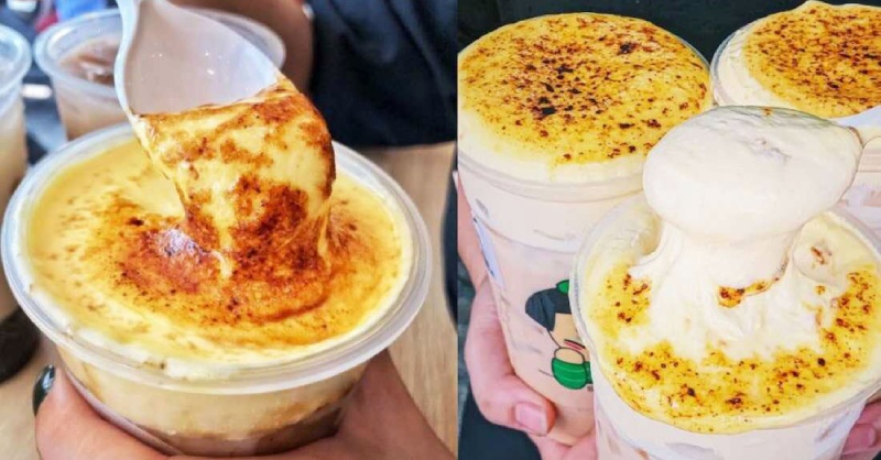 Kem trứng nướng béo mịn phủ lên ly trà sữa thơm ngon