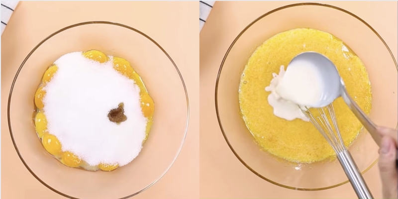 Đánh trứng với đường và sữa để làm pudding trứng mịn