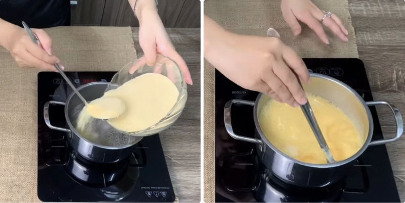 Đun hỗn hợp trứng sữa làm pudding trên bếp