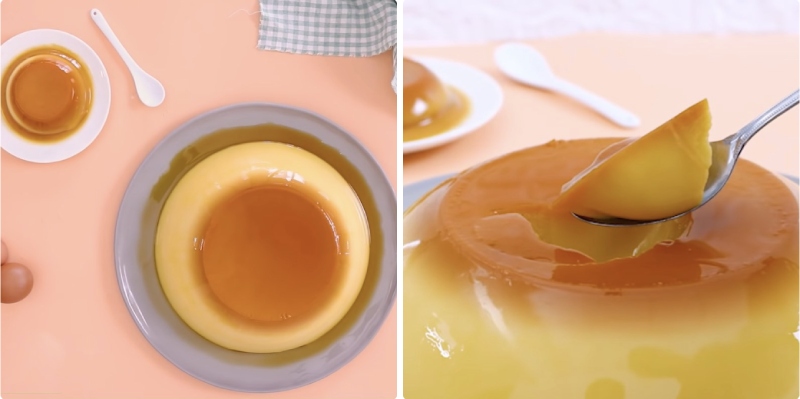 Thành phẩm pudding trứng mịn, thơm, phủ lớp caramel bóng