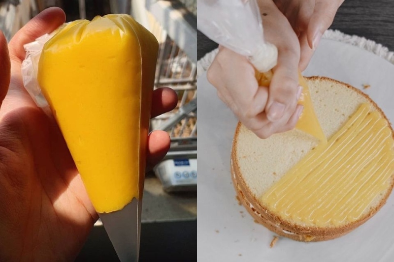 Cho sốt dầu trứng vào túi bắt kem và phết lên bánh