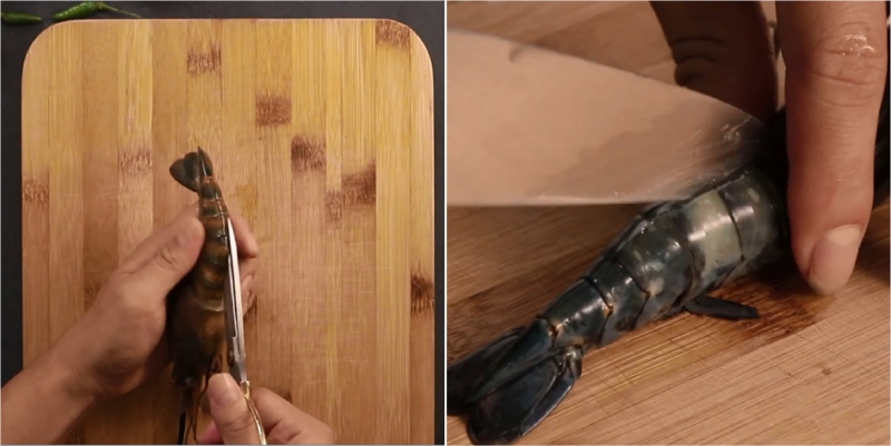 Cắt và làm sạch tôm càng xanh