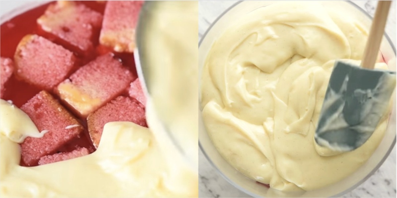 Đổ lớp kem custard lên bánh