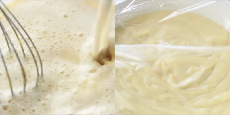 Khuấy kem custard sánh mịn chuẩn bị cho món Trifle tráng miệng